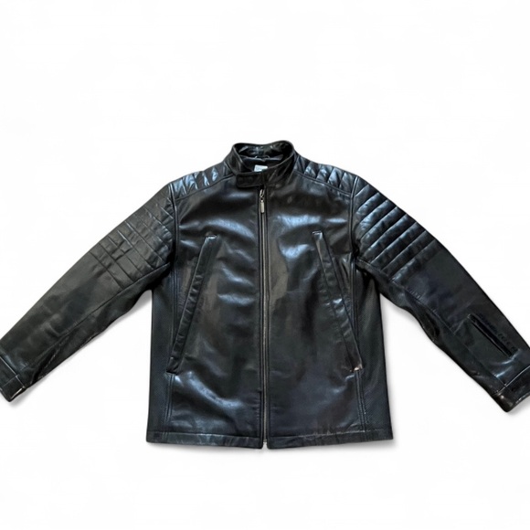Tommy Hilfiger Men’s Black Leather Moto Jacket L | Genuine Leather Quilted Biker - Picture 2 of 10